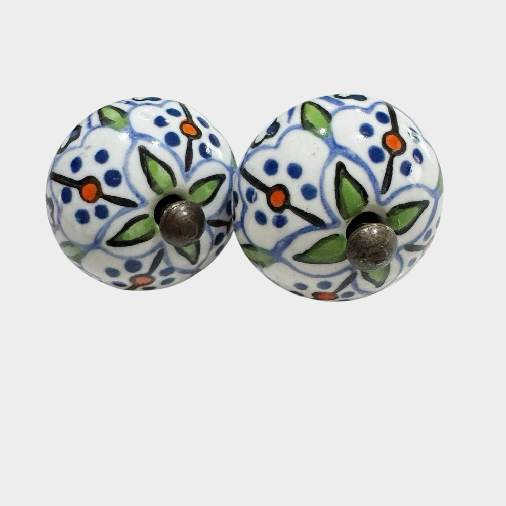 2 Hand Painted Ceramic Drawer Pulls Brass Tone Hardware Eclectic Moroccan Knob